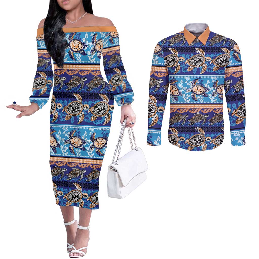 Hawaii Turtles Pattern Special Blue Couples Matching Off The Shoulder Long Sleeve Dress and Long Sleeve Button Shirt - Polynesian Pride