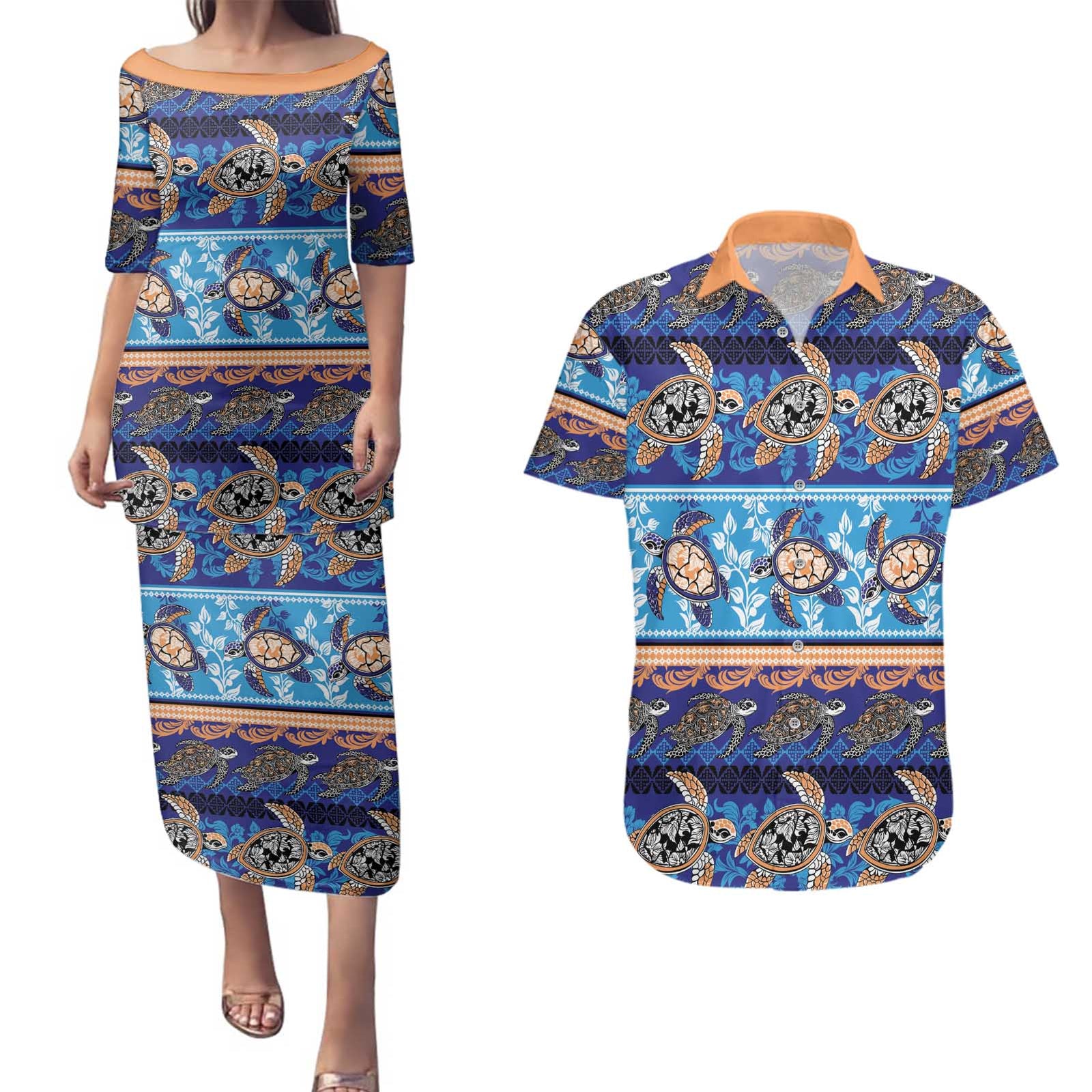 Hawaii Turtles Pattern Special Blue Couples Matching Puletasi and Hawaiian Shirt - Polynesian Pride