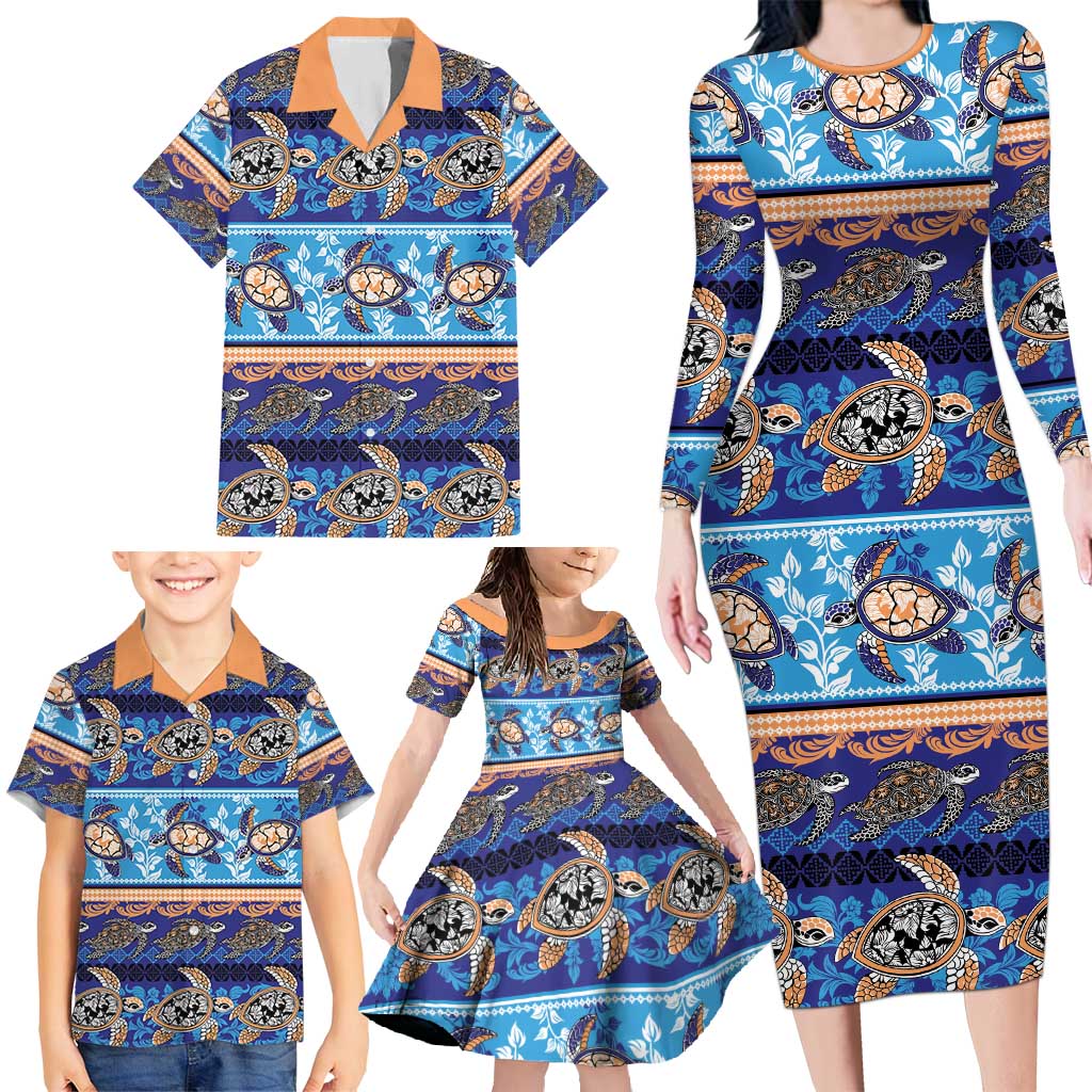 Hawaii Turtles Pattern Special Blue Family Matching Long Sleeve Bodycon Dress and Hawaiian Shirt - Polynesian Pride