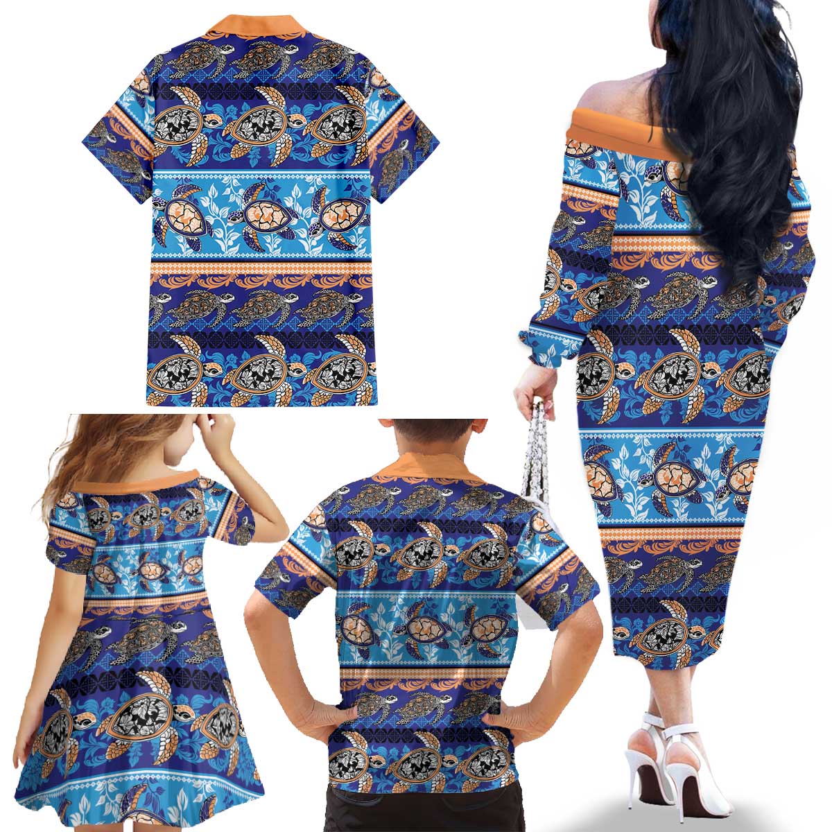Hawaii Turtles Pattern Special Blue Family Matching Off The Shoulder Long Sleeve Dress and Hawaiian Shirt - Polynesian Pride