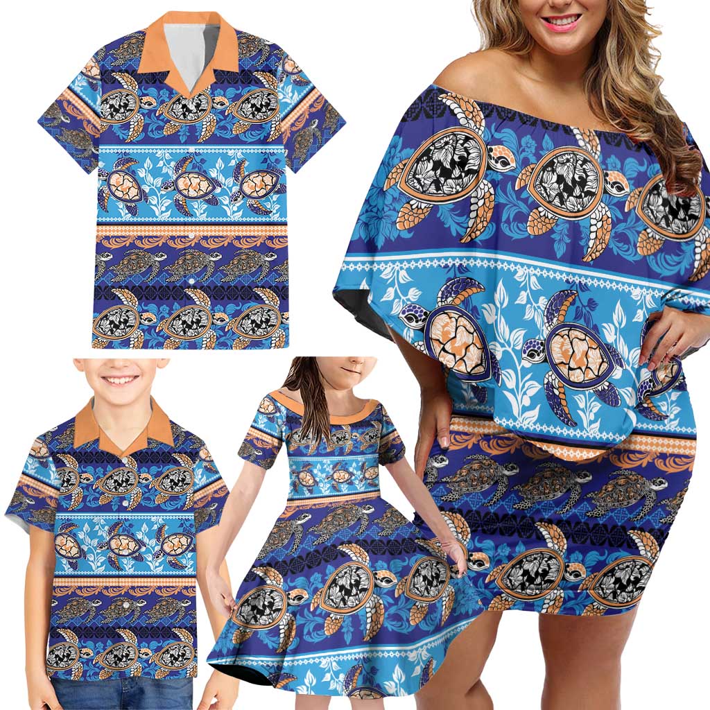 Hawaii Turtles Pattern Special Blue Family Matching Off Shoulder Short Dress and Hawaiian Shirt - Polynesian Pride