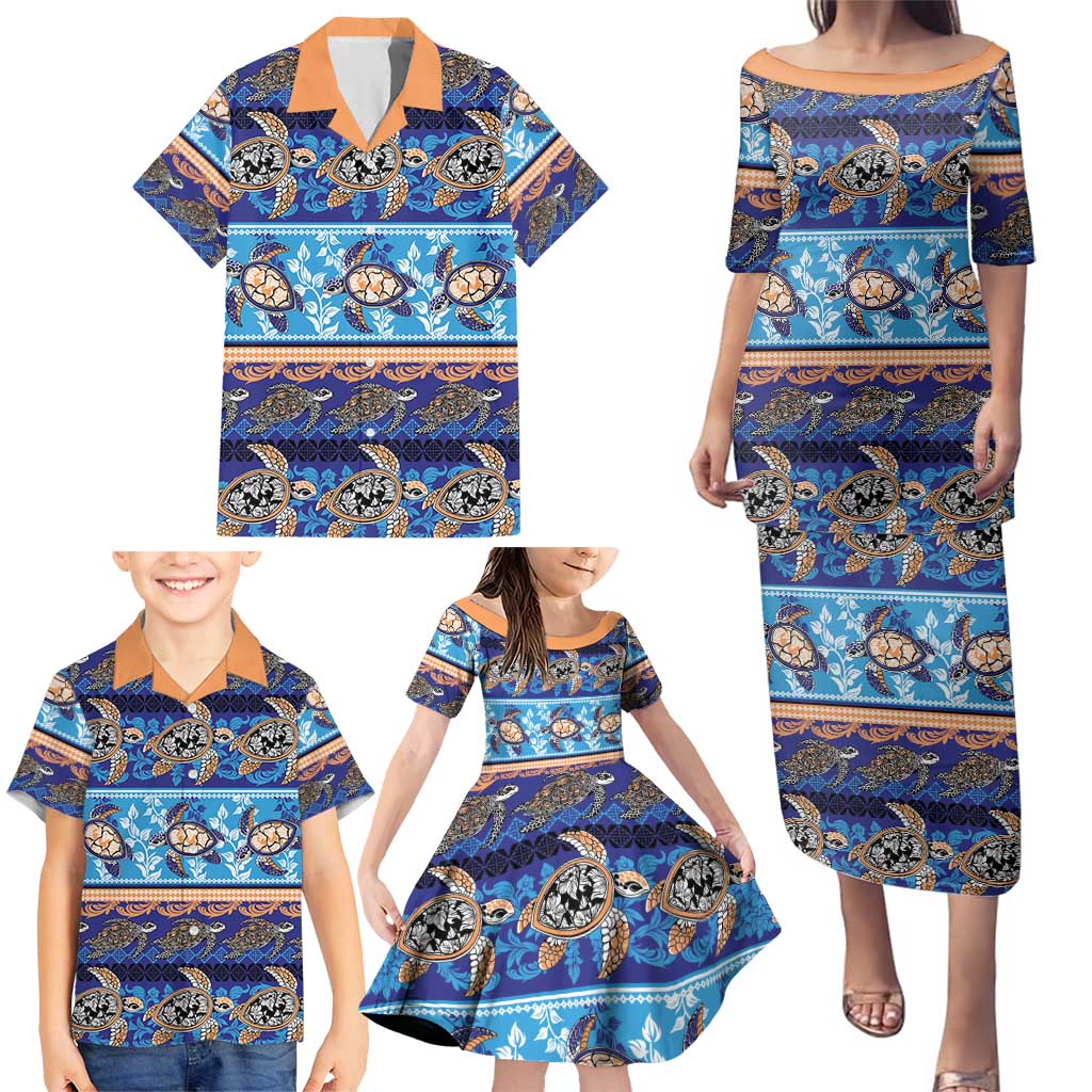 Hawaii Turtles Pattern Special Blue Family Matching Puletasi and Hawaiian Shirt - Polynesian Pride