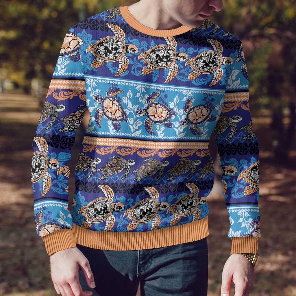 Hawaii Turtles Pattern Special Blue Ugly Christmas Sweater - Polynesian Pride