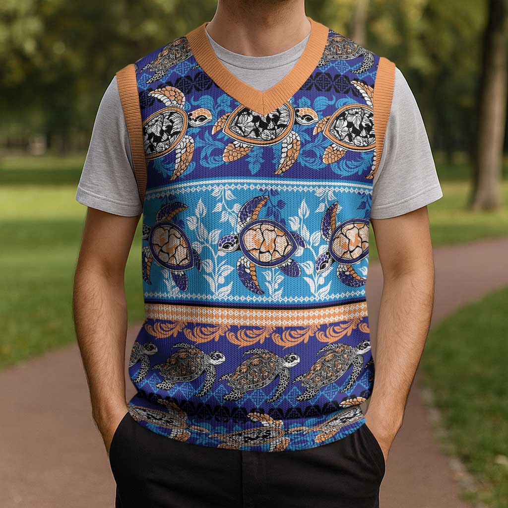 Hawaii Turtles Pattern Special Blue Christmas Knitted V-Neck Vest - Polynesian Pride