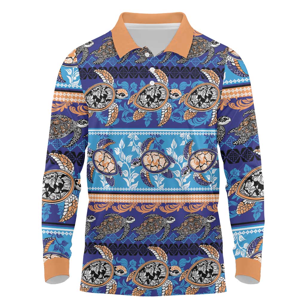 Hawaii Turtles Pattern Special Blue Long Sleeve Polo Shirt - Polynesian Pride