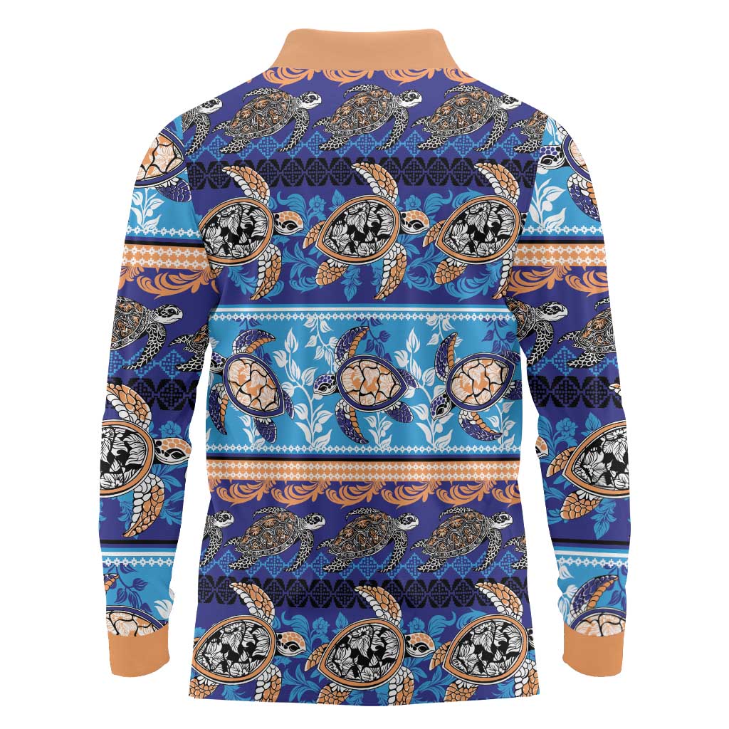 Hawaii Turtles Pattern Special Blue Long Sleeve Polo Shirt - Polynesian Pride