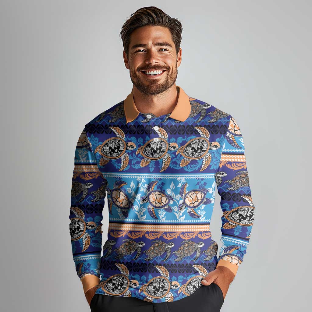 Hawaii Turtles Pattern Special Blue Long Sleeve Polo Shirt - Polynesian Pride