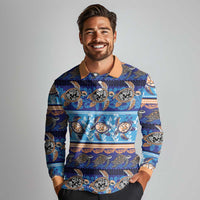 Hawaii Turtles Pattern Special Blue Long Sleeve Polo Shirt - Polynesian Pride