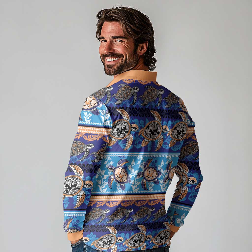 Hawaii Turtles Pattern Special Blue Long Sleeve Polo Shirt - Polynesian Pride