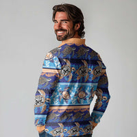 Hawaii Turtles Pattern Special Blue Long Sleeve Polo Shirt - Polynesian Pride
