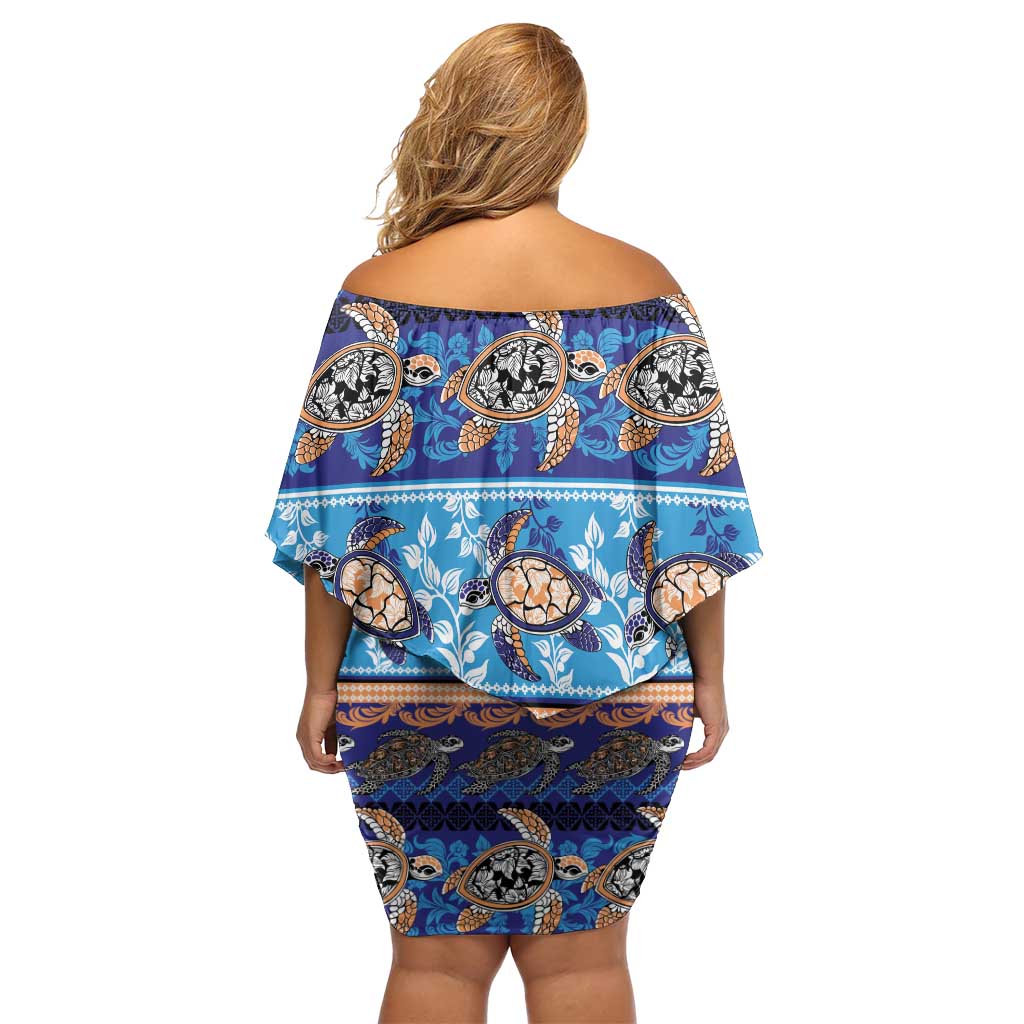 Hawaii Turtles Pattern Special Blue Off Shoulder Short Dress - Polynesian Pride