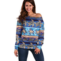 Hawaii Turtles Pattern Special Blue Off Shoulder Sweater - Polynesian Pride