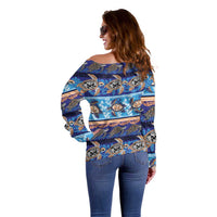 Hawaii Turtles Pattern Special Blue Off Shoulder Sweater - Polynesian Pride