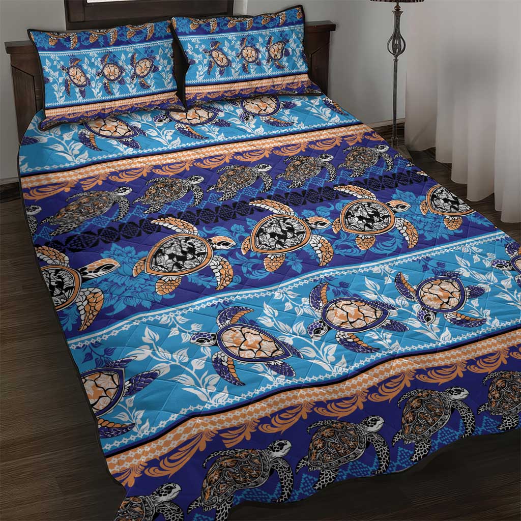 Hawaii Turtles Pattern Special Blue Quilt Bed Set - Polynesian Pride