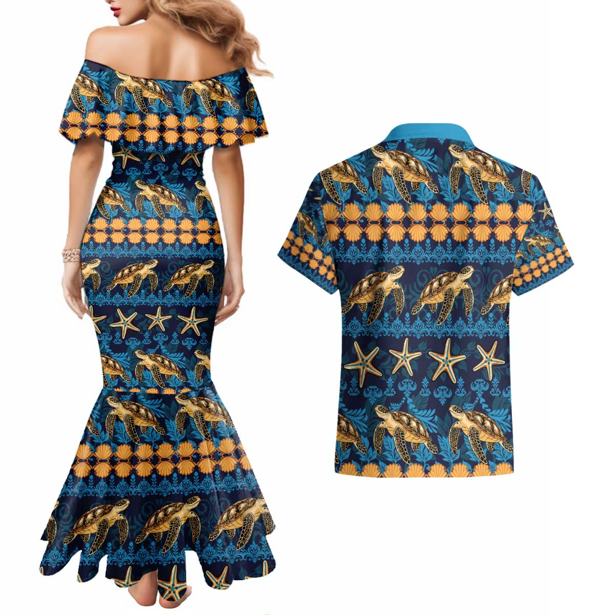 Hawaii Turtles Starfish Unique Pattern Couples Matching Mermaid Dress and Hawaiian Shirt - Polynesian Pride
