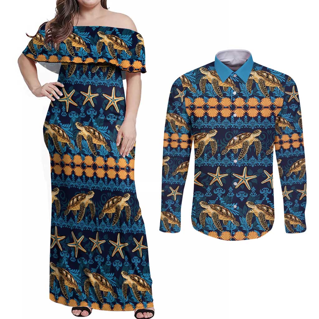 Hawaii Turtles Starfish Unique Pattern Couples Matching Off Shoulder Maxi Dress and Long Sleeve Button Shirt - Polynesian Pride