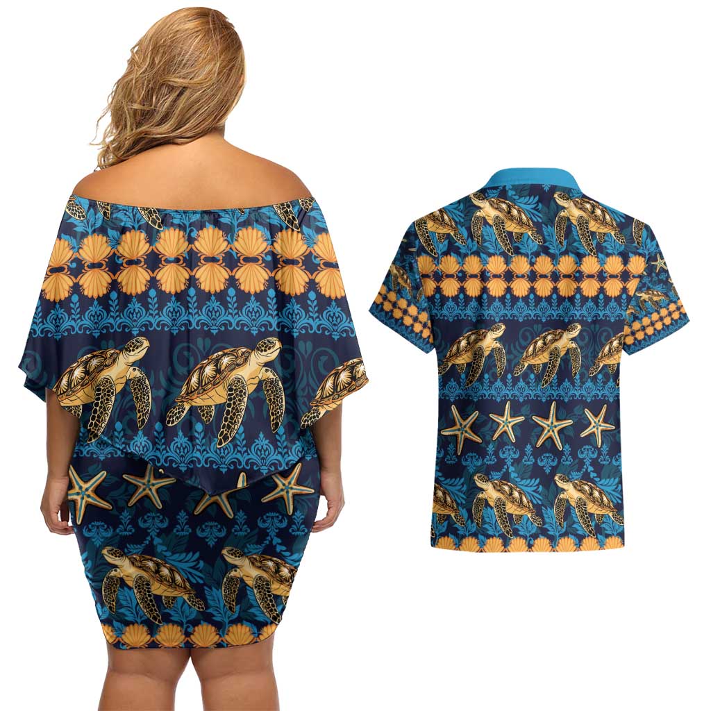 Hawaii Turtles Starfish Unique Pattern Couples Matching Off Shoulder Short Dress and Hawaiian Shirt - Polynesian Pride