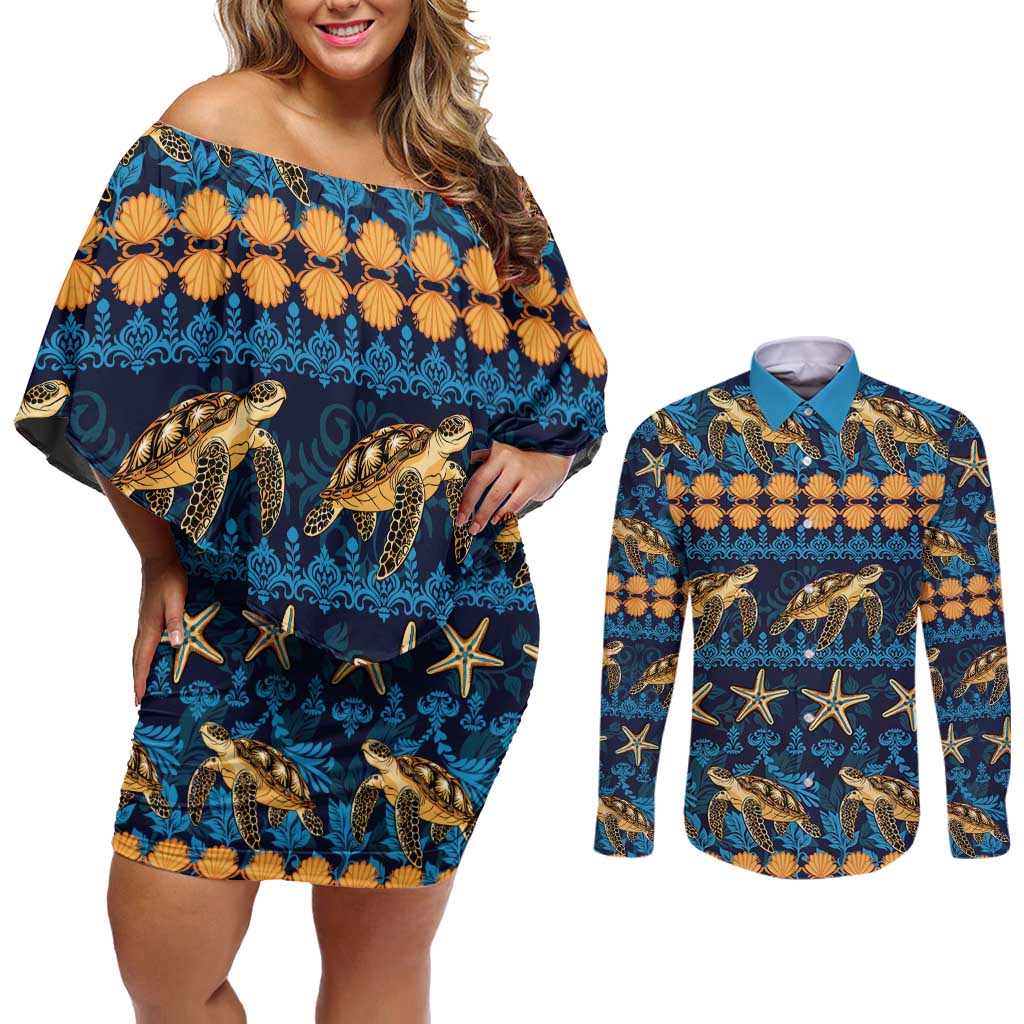 Hawaii Turtles Starfish Unique Pattern Couples Matching Off Shoulder Short Dress and Long Sleeve Button Shirt - Polynesian Pride
