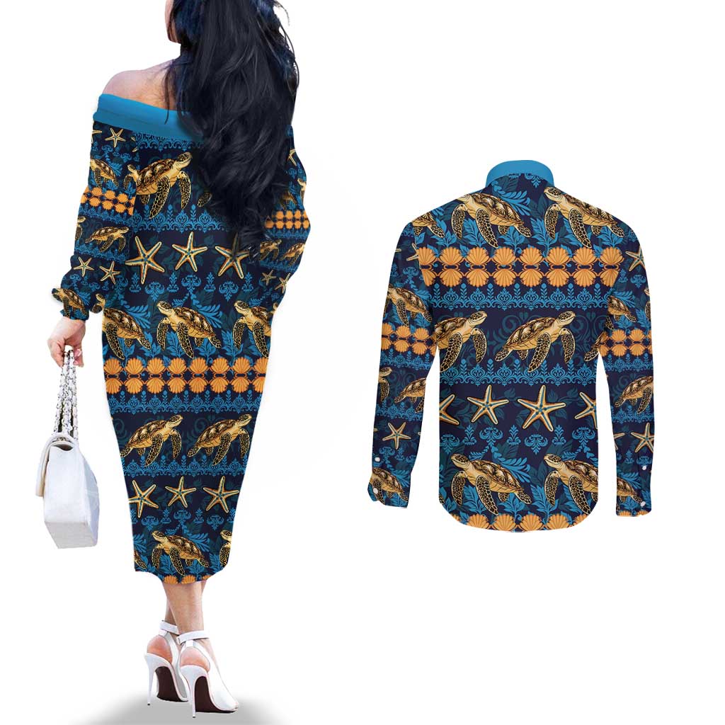 Hawaii Turtles Starfish Unique Pattern Couples Matching Off The Shoulder Long Sleeve Dress and Long Sleeve Button Shirt - Polynesian Pride