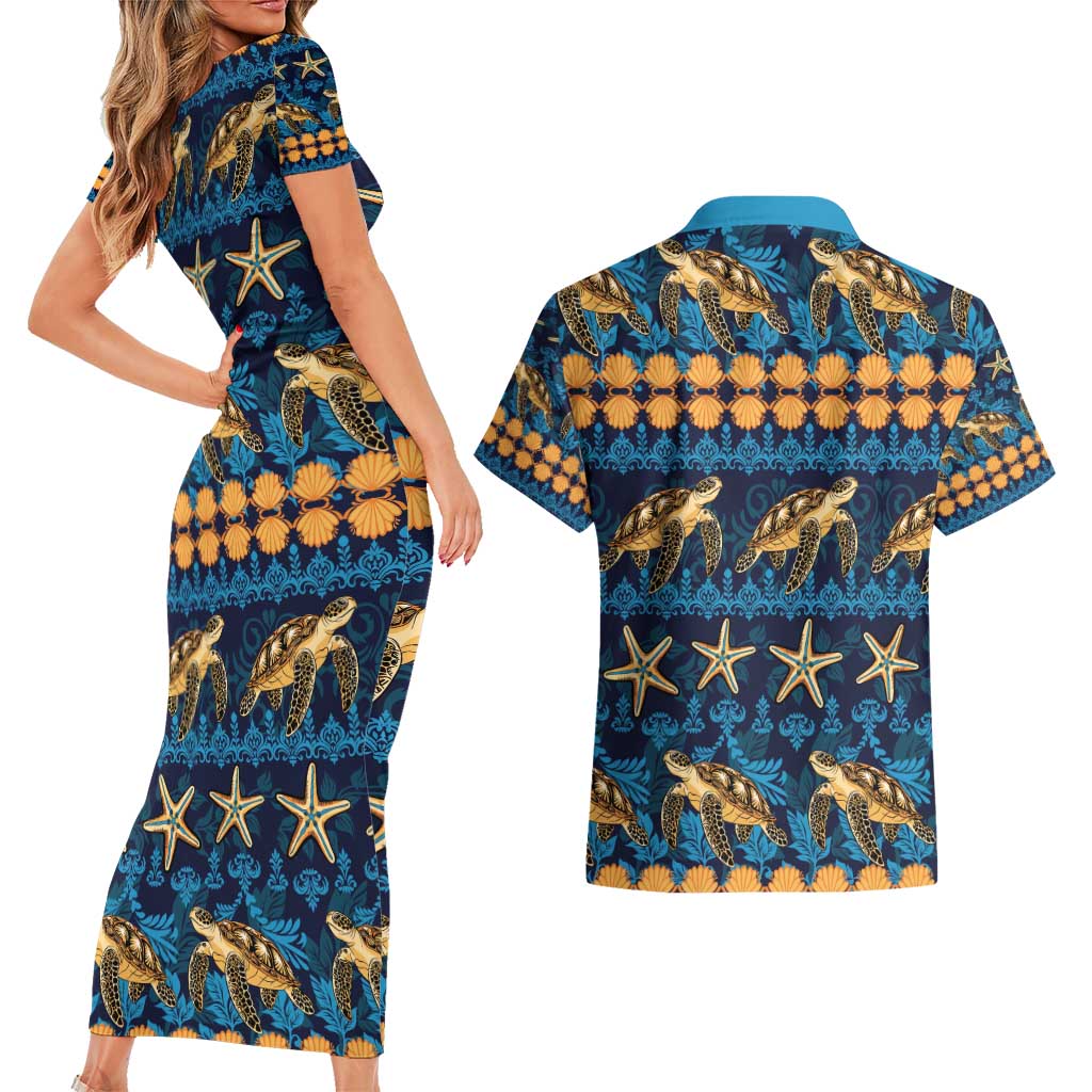 Hawaii Turtles Starfish Unique Pattern Couples Matching Short Sleeve Bodycon Dress and Hawaiian Shirt - Polynesian Pride
