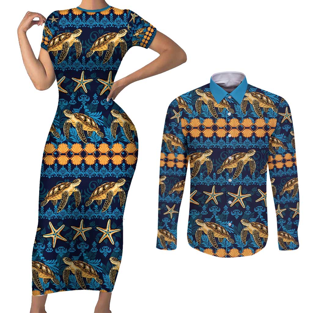 Hawaii Turtles Starfish Unique Pattern Couples Matching Short Sleeve Bodycon Dress and Long Sleeve Button Shirt - Polynesian Pride