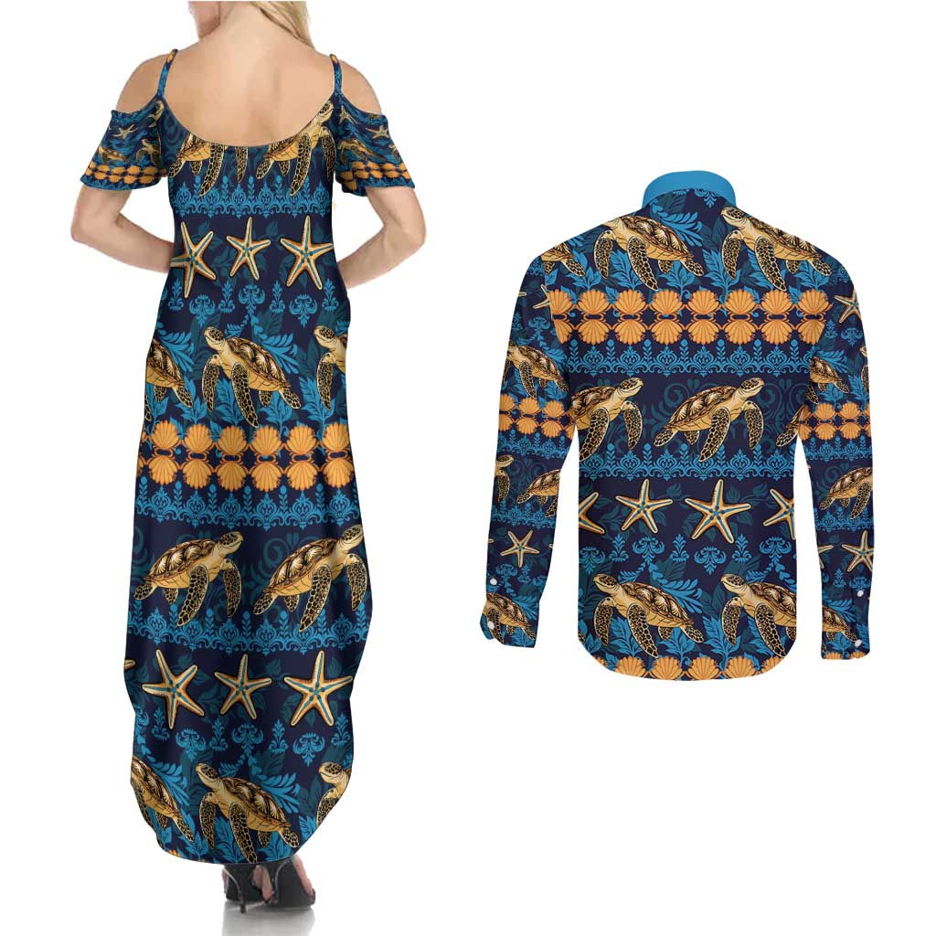 Hawaii Turtles Starfish Unique Pattern Couples Matching Summer Maxi Dress and Long Sleeve Button Shirt - Polynesian Pride