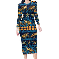 Hawaii Turtles Starfish Unique Pattern Family Matching Long Sleeve Bodycon Dress and Hawaiian Shirt - Polynesian Pride