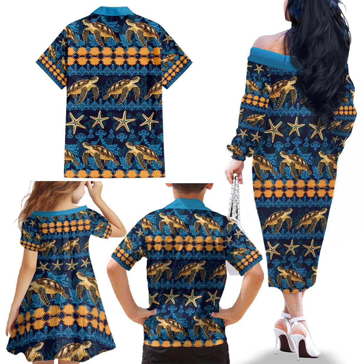 Hawaii Turtles Starfish Unique Pattern Family Matching Off The Shoulder Long Sleeve Dress and Hawaiian Shirt - Polynesian Pride