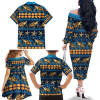 Hawaii Turtles Starfish Unique Pattern Family Matching Off The Shoulder Long Sleeve Dress and Hawaiian Shirt - Polynesian Pride
