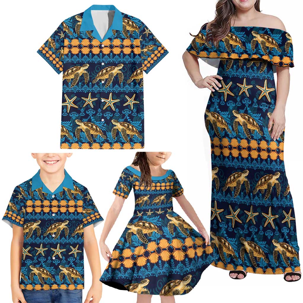 Hawaii Turtles Starfish Unique Pattern Family Matching Off Shoulder Maxi Dress and Hawaiian Shirt - Polynesian Pride