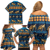 Hawaii Turtles Starfish Unique Pattern Family Matching Off Shoulder Short Dress and Hawaiian Shirt - Polynesian Pride