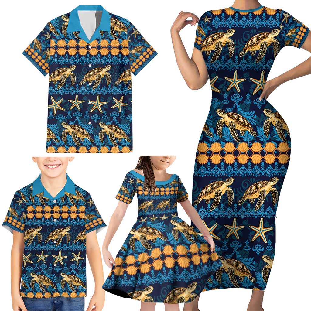 Hawaii Turtles Starfish Unique Pattern Family Matching Short Sleeve Bodycon Dress and Hawaiian Shirt - Polynesian Pride