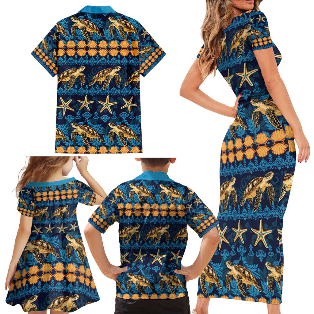 Hawaii Turtles Starfish Unique Pattern Family Matching Short Sleeve Bodycon Dress and Hawaiian Shirt - Polynesian Pride