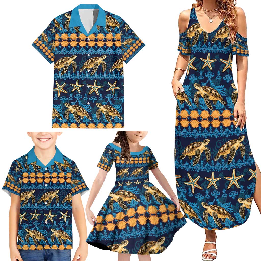 Hawaii Turtles Starfish Unique Pattern Family Matching Summer Maxi Dress and Hawaiian Shirt - Polynesian Pride