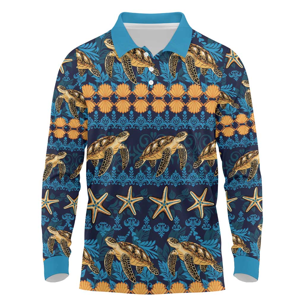 Hawaii Turtles Starfish Unique Pattern Long Sleeve Polo Shirt - Polynesian Pride