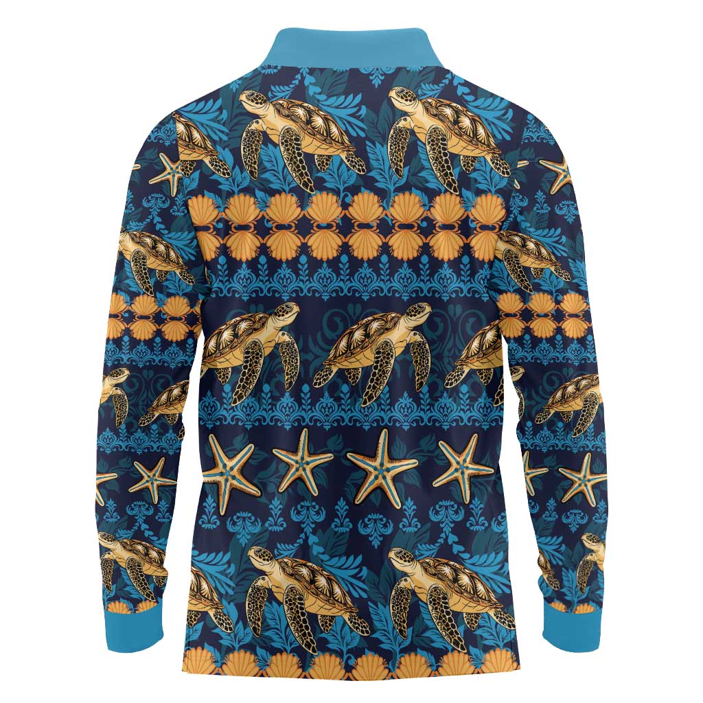 Hawaii Turtles Starfish Unique Pattern Long Sleeve Polo Shirt - Polynesian Pride