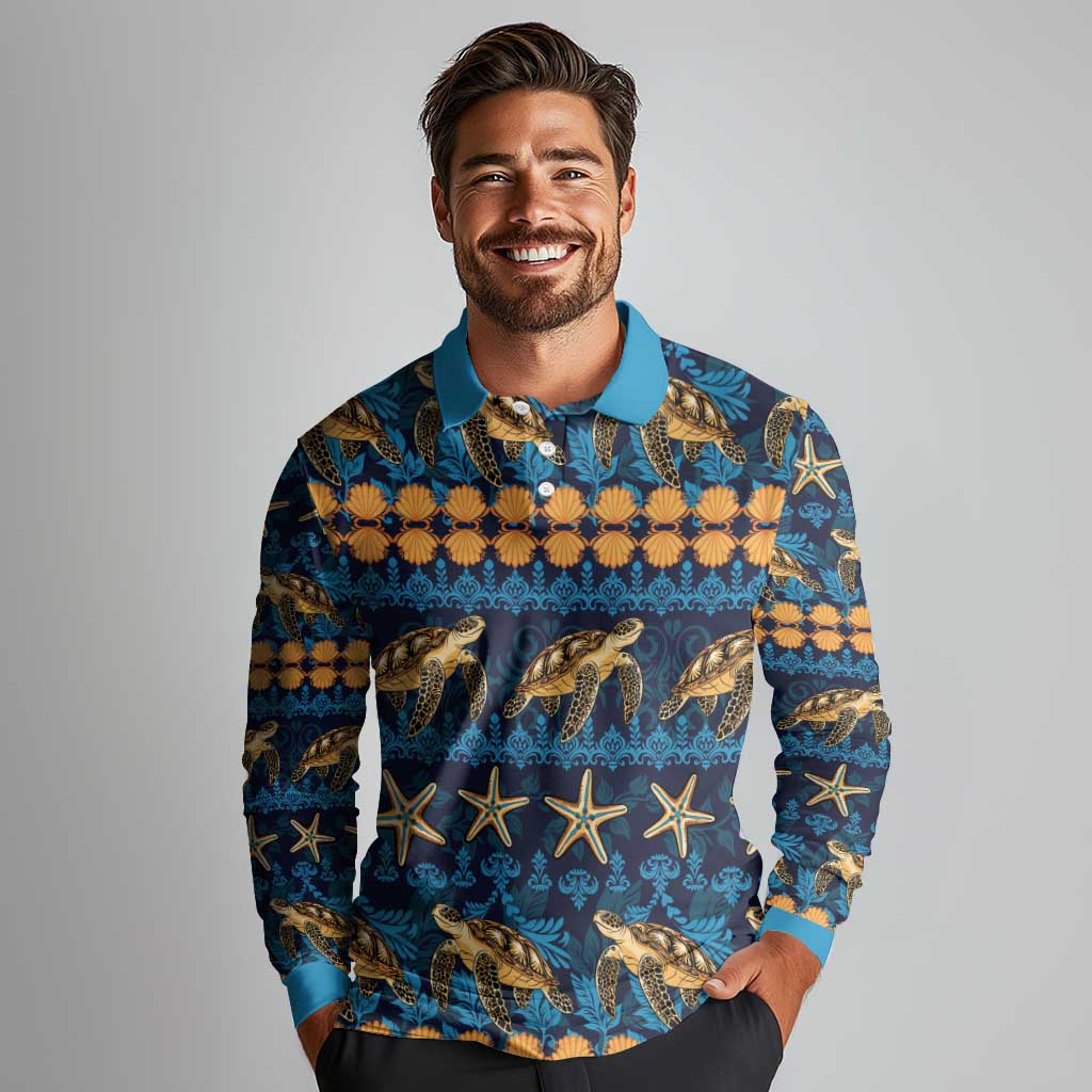 Hawaii Turtles Starfish Unique Pattern Long Sleeve Polo Shirt - Polynesian Pride