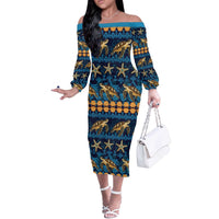 Hawaii Turtles Starfish Unique Pattern Off The Shoulder Long Sleeve Dress - Polynesian Pride