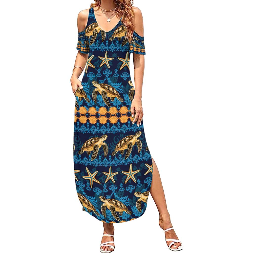 Hawaii Turtles Starfish Unique Pattern Summer Maxi Dress - Polynesian Pride