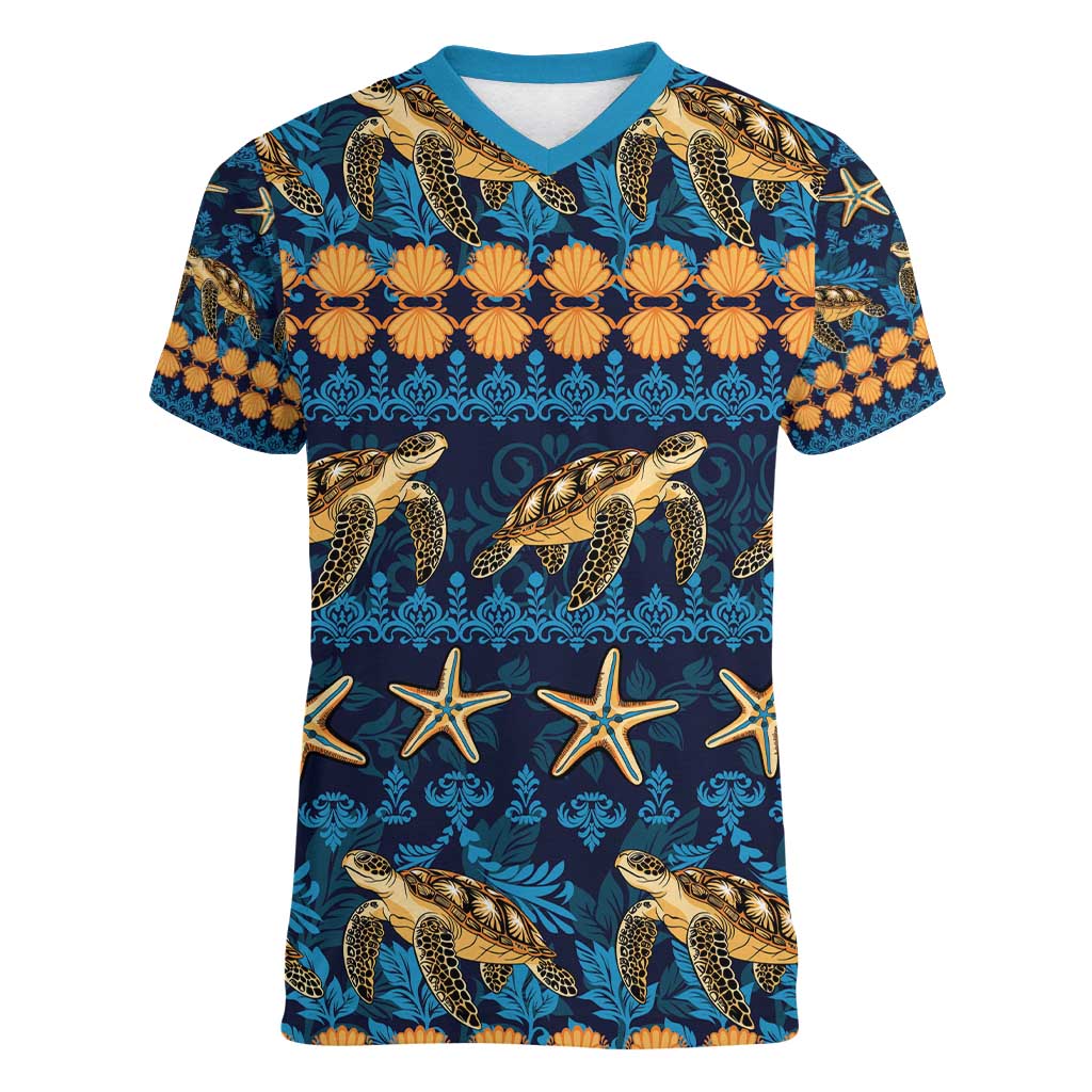Hawaii Turtles Starfish Unique Pattern Women V-Neck T-Shirt - Polynesian Pride