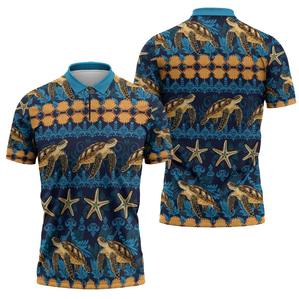 Hawaii Turtles Starfish Unique Pattern Zipper Polo Shirt - Polynesian Pride
