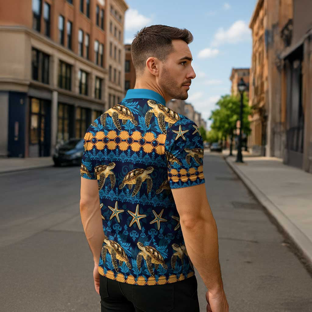 Hawaii Turtles Starfish Unique Pattern Zipper Polo Shirt - Polynesian Pride
