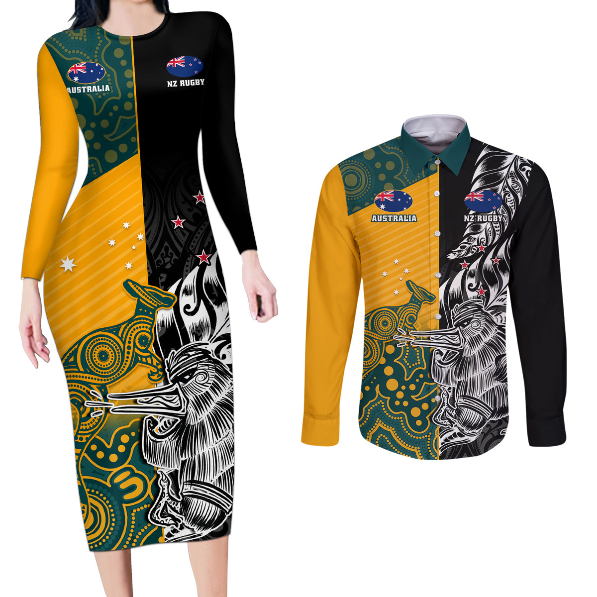 Custom New Zealand And Australia Rugby Couples Matching Long Sleeve Bodycon Dress and Long Sleeve Button Shirts Wallabies Kiwi Silver Fern 2023 World Cup LT01 Black - Polynesian Pride