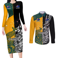 Custom New Zealand And Australia Rugby Couples Matching Long Sleeve Bodycon Dress and Long Sleeve Button Shirts Wallabies Kiwi Silver Fern 2023 World Cup LT01 Black - Polynesian Pride