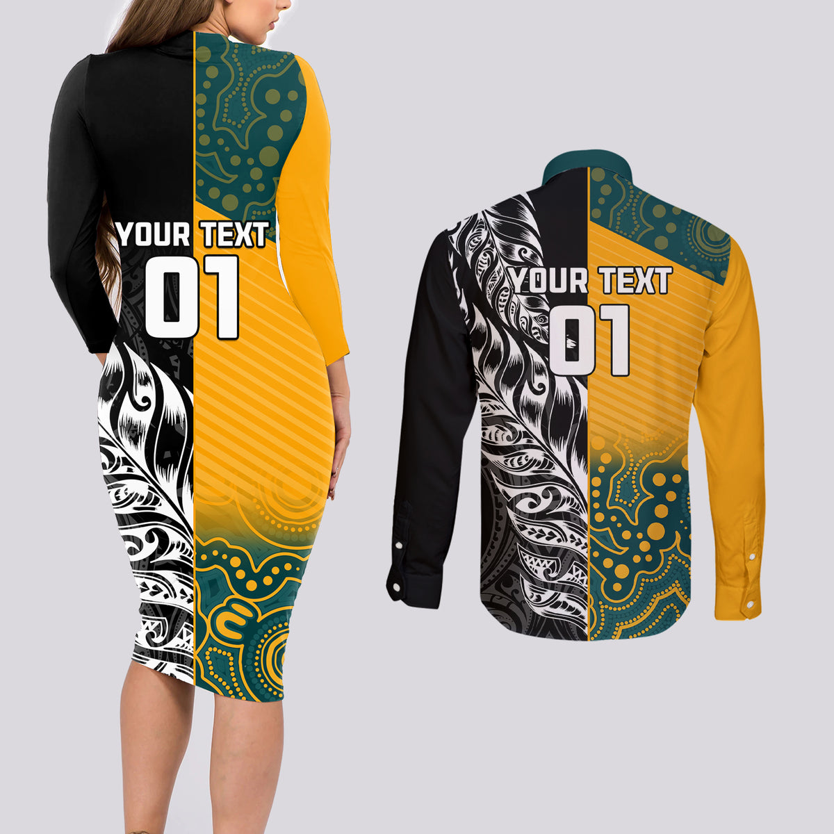 Custom New Zealand And Australia Rugby Couples Matching Long Sleeve Bodycon Dress and Long Sleeve Button Shirts Wallabies Kiwi Silver Fern 2023 World Cup LT01 - Polynesian Pride