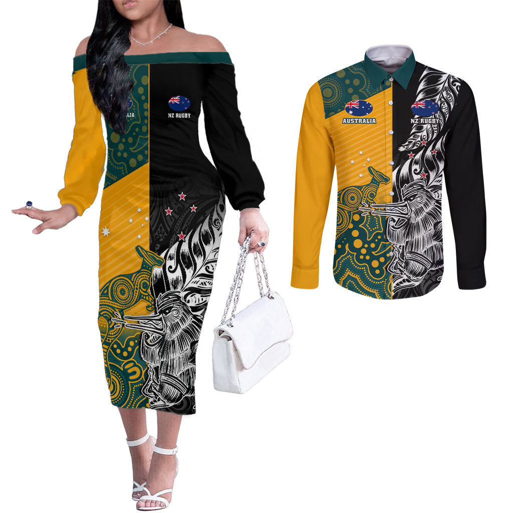Custom New Zealand And Australia Rugby Couples Matching Off The Shoulder Long Sleeve Dress and Long Sleeve Button Shirts Wallabies Kiwi Silver Fern 2023 World Cup LT01 Black - Polynesian Pride
