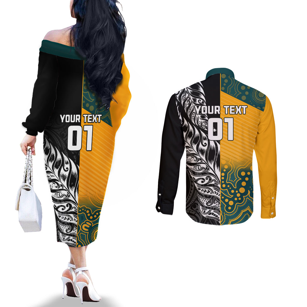 Custom New Zealand And Australia Rugby Couples Matching Off The Shoulder Long Sleeve Dress and Long Sleeve Button Shirts Wallabies Kiwi Silver Fern 2023 World Cup LT01 - Polynesian Pride