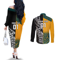 Custom New Zealand And Australia Rugby Couples Matching Off The Shoulder Long Sleeve Dress and Long Sleeve Button Shirts Wallabies Kiwi Silver Fern 2023 World Cup LT01 - Polynesian Pride