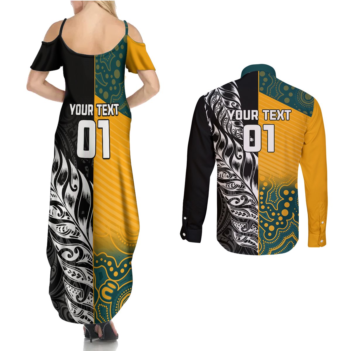 custom-new-zealand-and-ausrtralia-rugby-couples-matching-summer-maxi-dress-and-long-sleeve-button-shirts-wallabies-kiwi-silver-fern-2023-world-cup