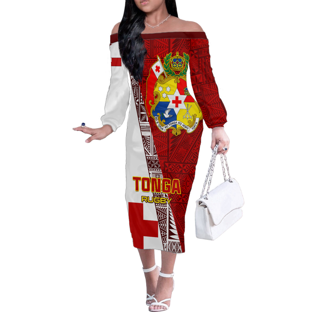 Custom Tonga Rugby Family Matching Off Shoulder Long Sleeve Dress and Hawaiian Shirt Tongan Go 2023 World Cup LT01 Mom's Dress Red - Polynesian Pride